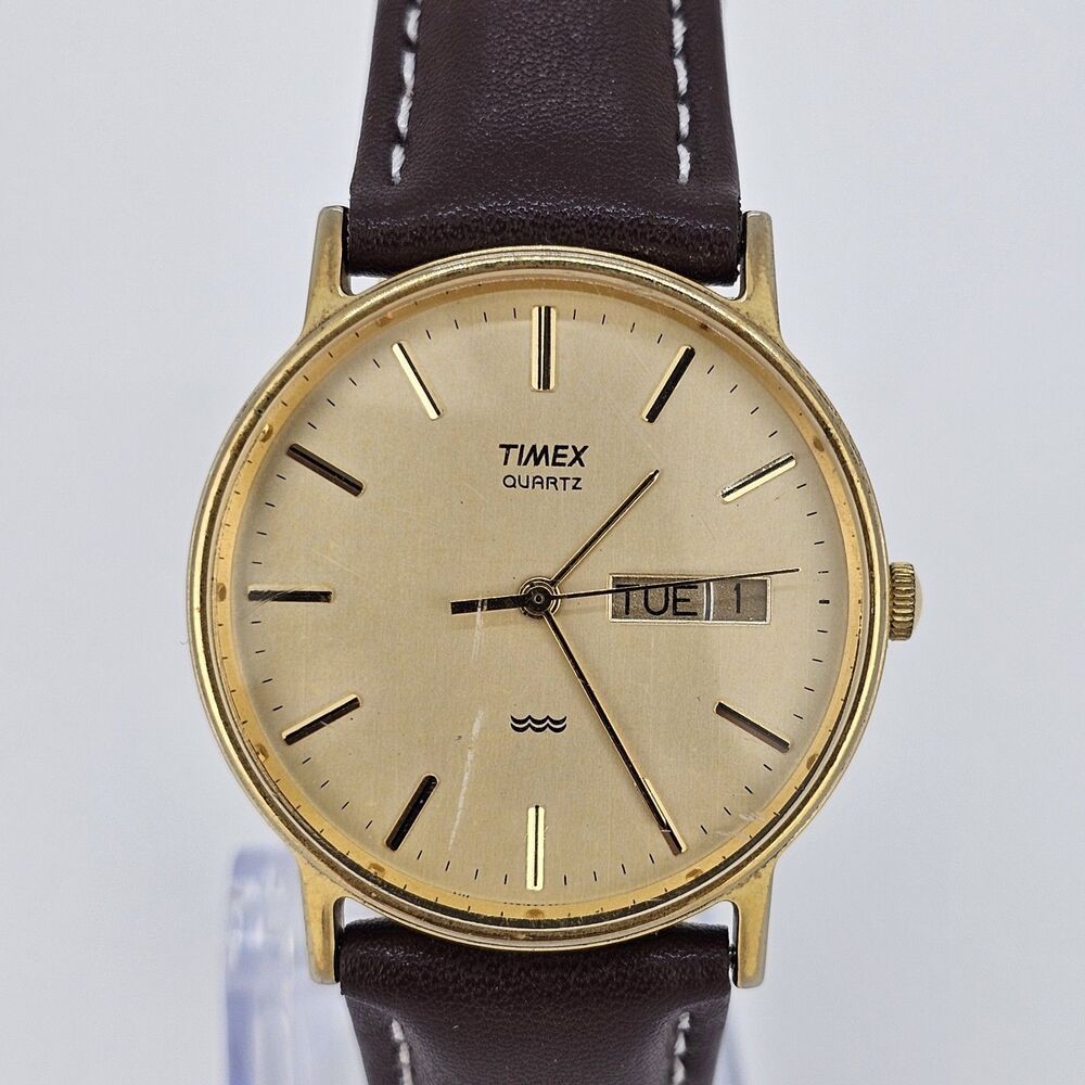 VTG Timex Men's Watch 32MM Gold Dial DayDate New Brown Leather Bands New Battery
